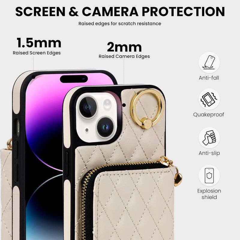 Keallce Case for iPhone 15 Plus 6.7'' Wallet Case, Crossbody Zipper Purse with Handbag Wristlet for Women, RFID Blocking Card Holders, 360° Ring Kickstand Flip Leather Cover for iPhone 15 Plus, Beige - Image 5
